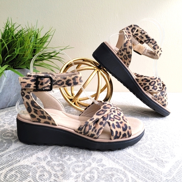 Clarks | Shoes | Clarks 65 Jillian Leopard Print Sandal Low Wedge Animal  Comfortable Comfy | Poshmark